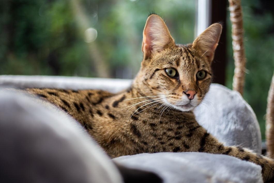Savannah cat relaxing on a plush perch beside a window with greenery outside.