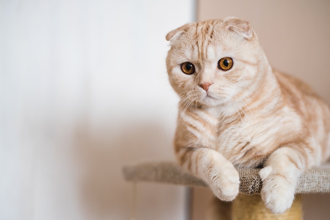 Ginger Scottish Fold cat with amber eyes lying on a cat tree perch.
