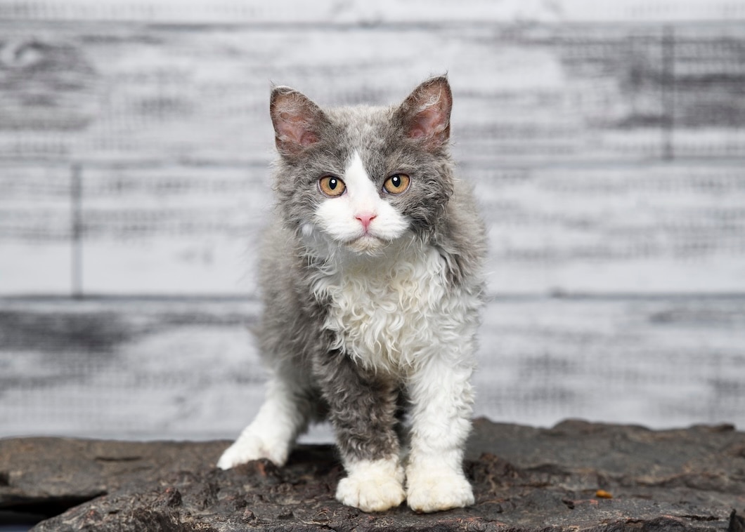 Gray and white curly-haired Selkirk Rex cat standing on a log and looking at the camera.