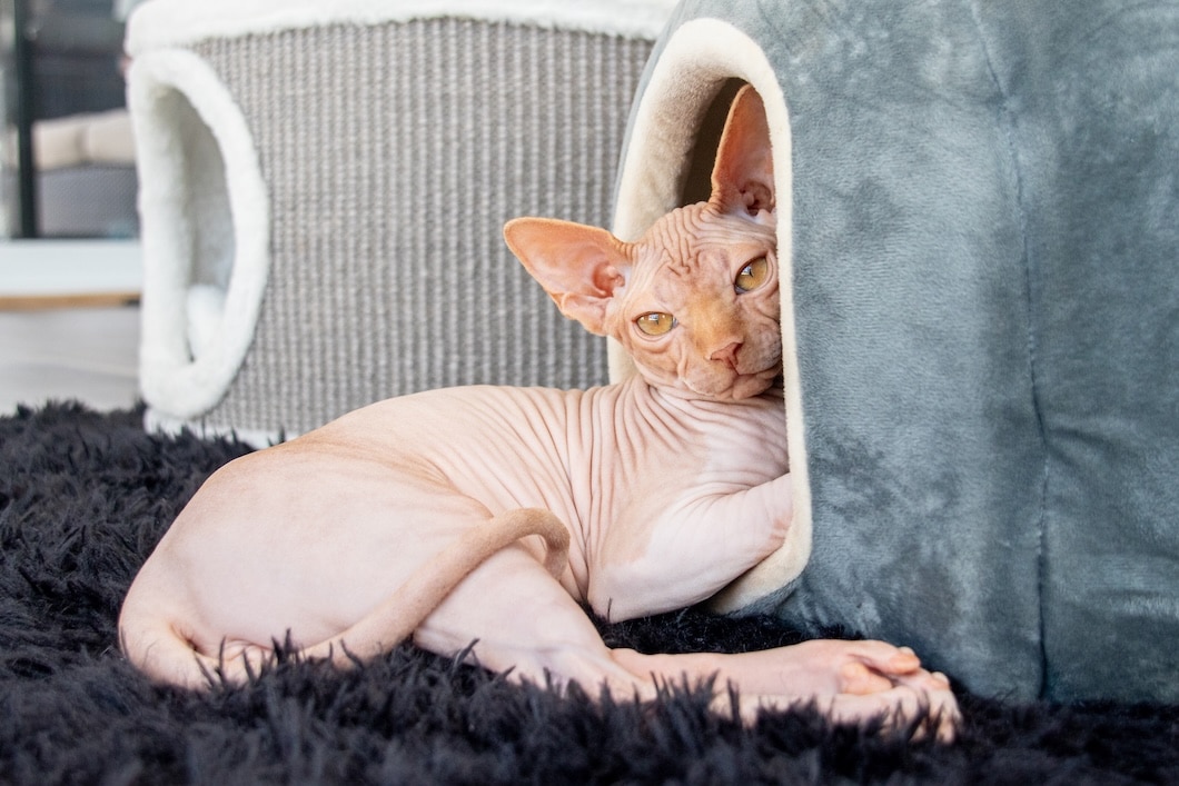 Hairless Sphynx cat relaxing beside a gray plush cat bed.