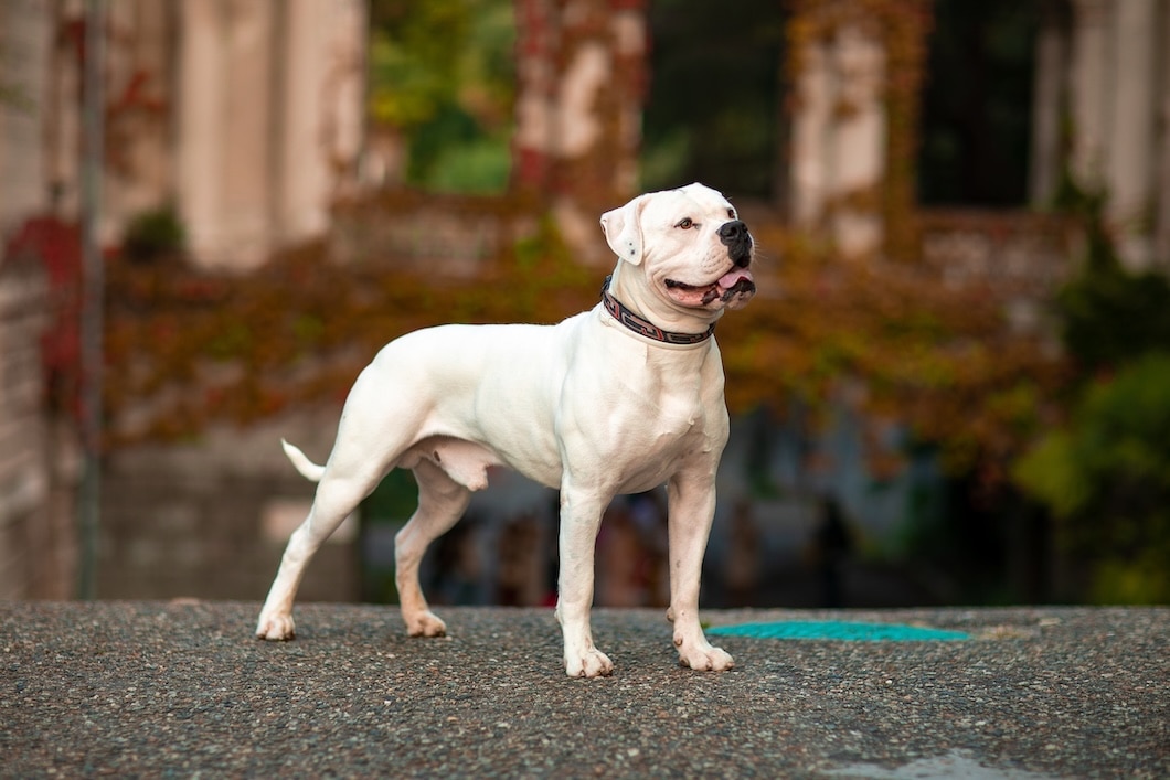 White American Bulldog standing outdoors with a blurred wooded background.