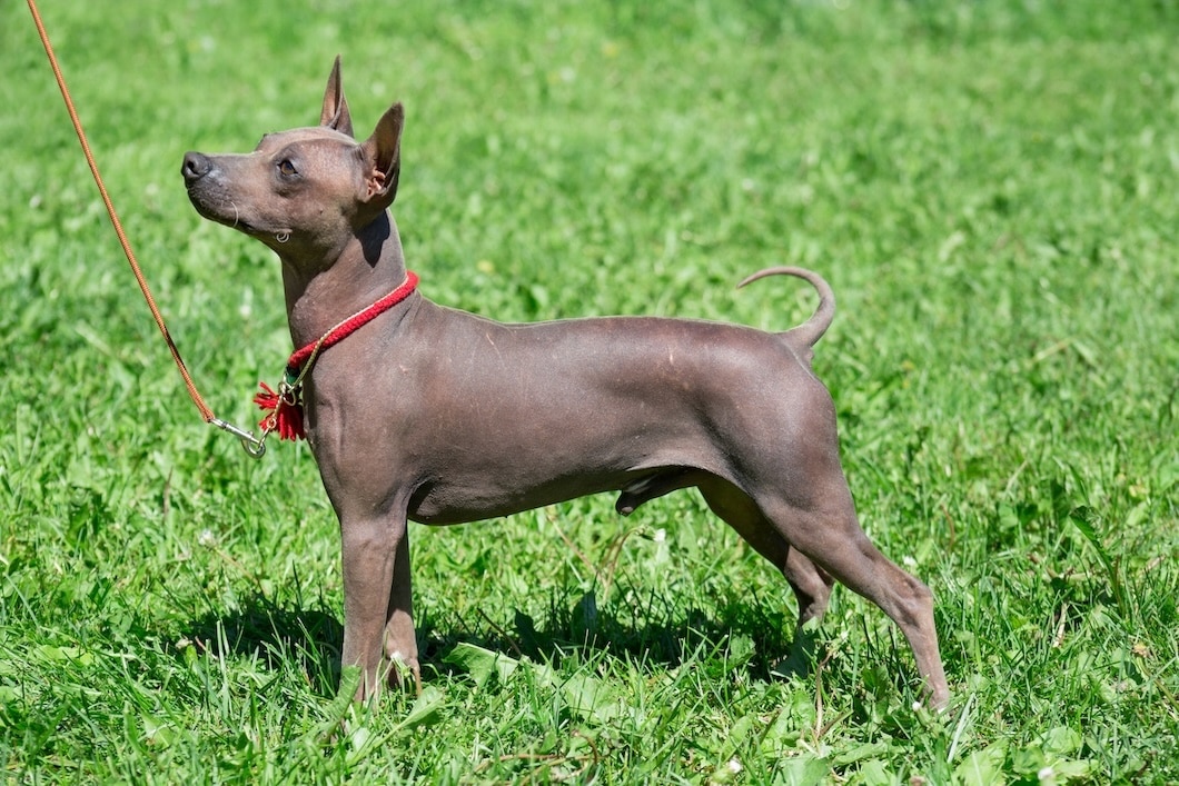 American Hairless Terrier wearing a red collar and leash standing in profile on green grass.