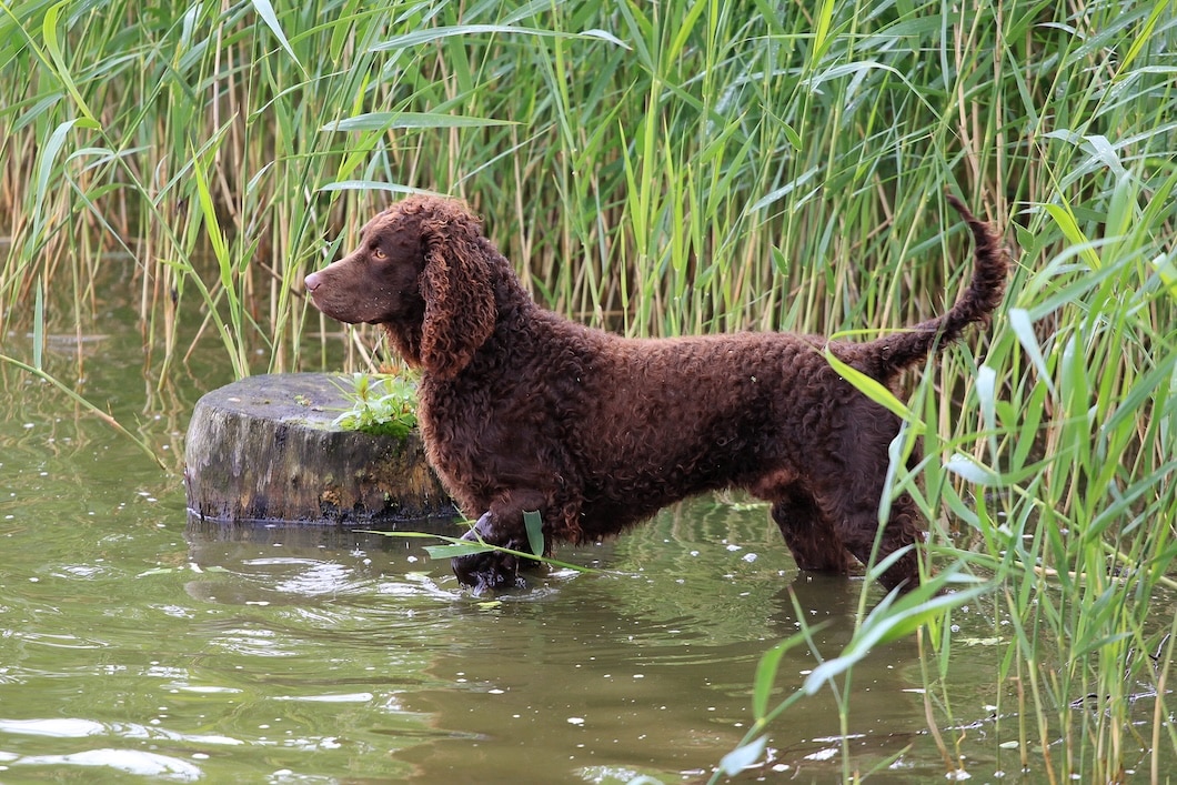 Brown curly-coated dog standing in shallow water among tall green reeds.