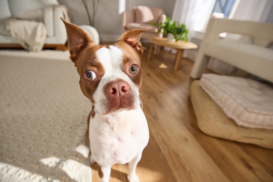 Brown and white Boston Terrier looking at the camera in a sunlit living room.