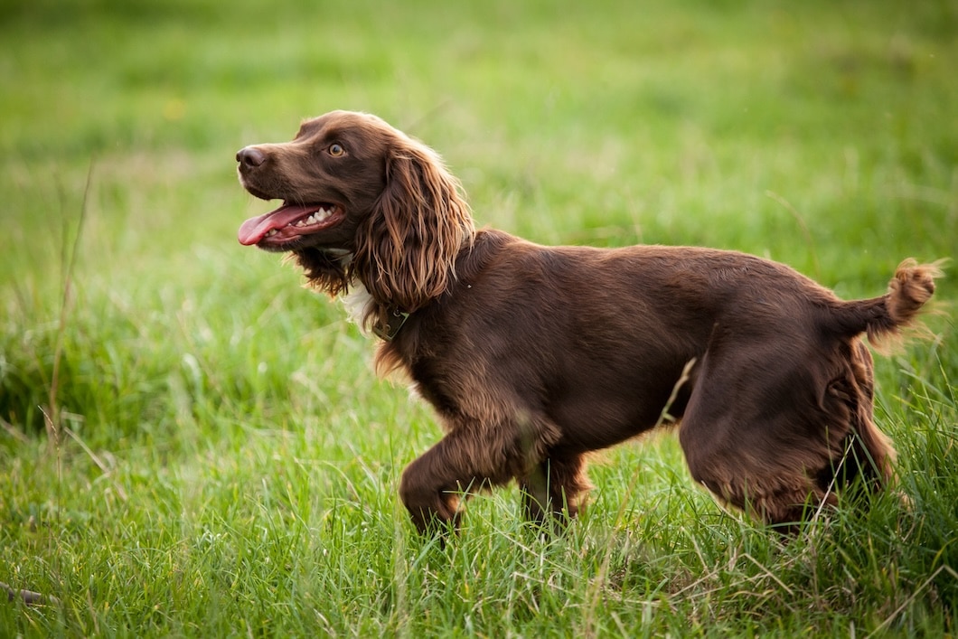 A Boykin spaniel walking through tall green grass with its tongue out.