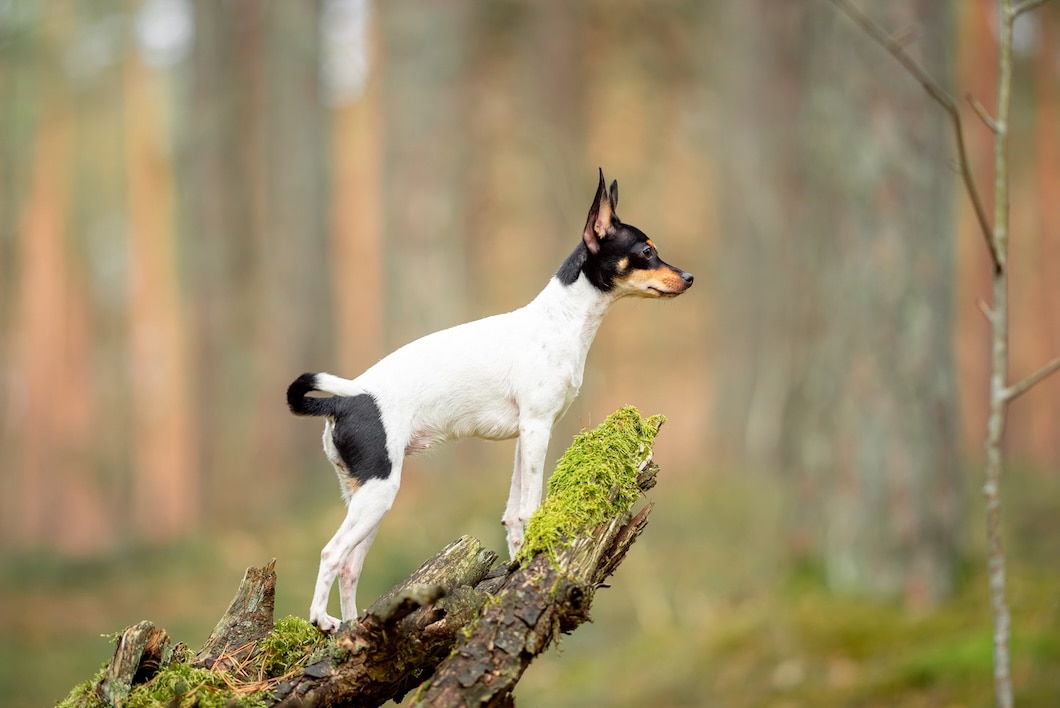 Toy Fox Terrier with a white, black, and tan coat standing on a moss-covered log in a forest.