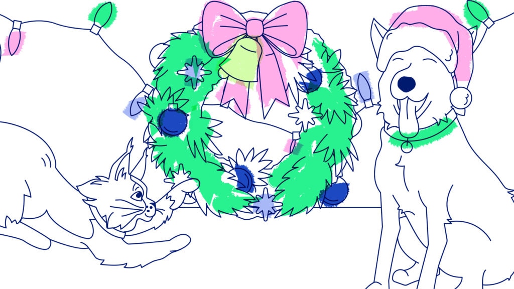 holiday coloring pages: dog and cat illustrated